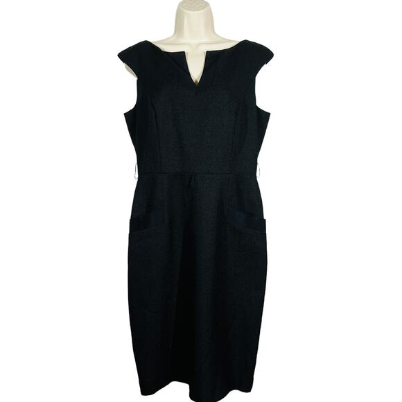 David Meister Sleeveless Sheath Dress Cocktail Black Basic V Neck Pockets - 8 - Picture 1 of 6